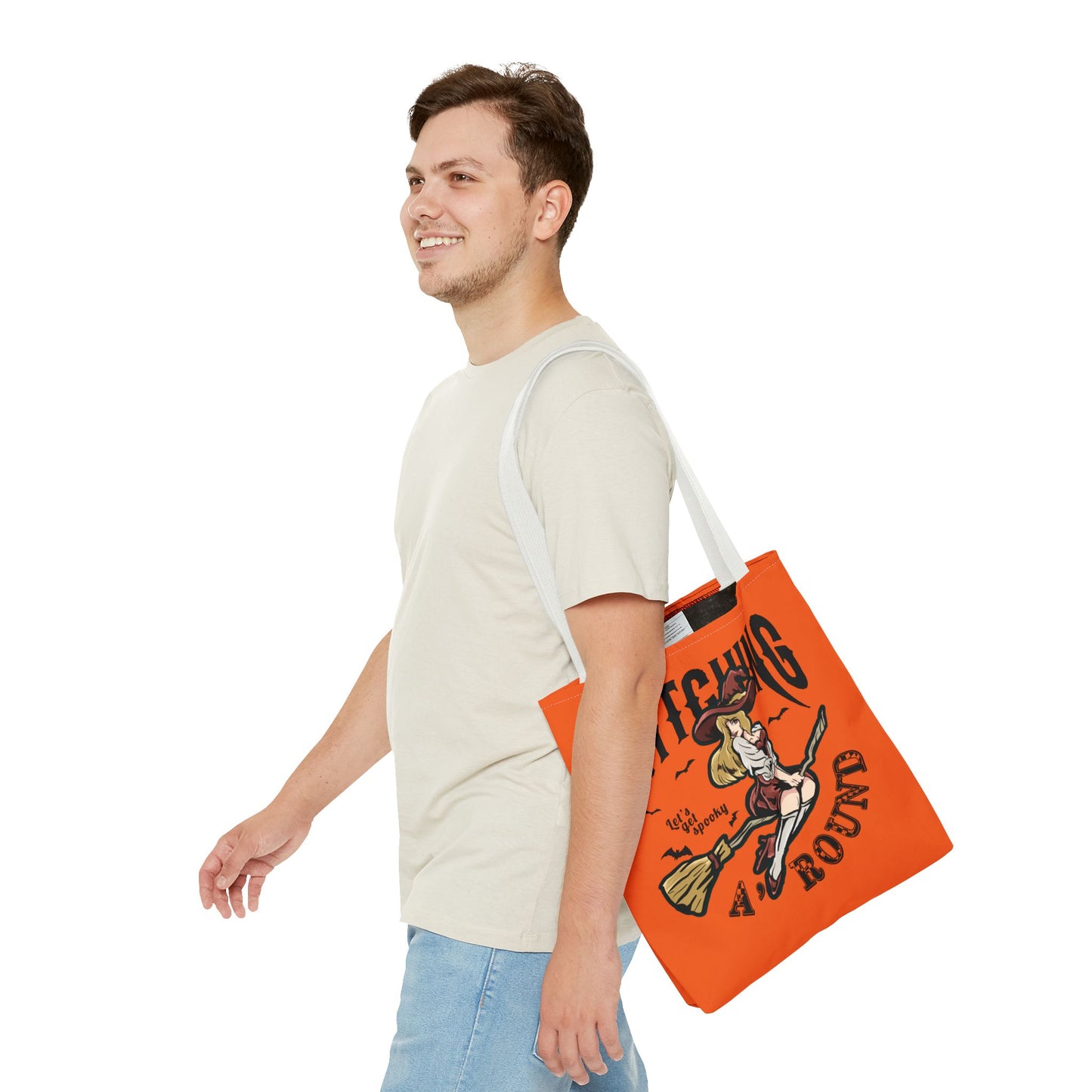 Witching A'Round Halloween Tote Bag | Orange Witch Design Tote