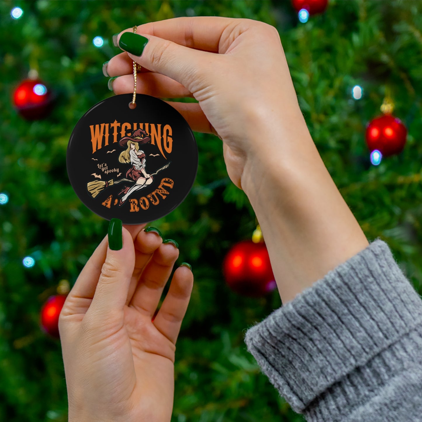 Witching A'Round Black Ceramic Halloween Ornament | Spooky Witch Design