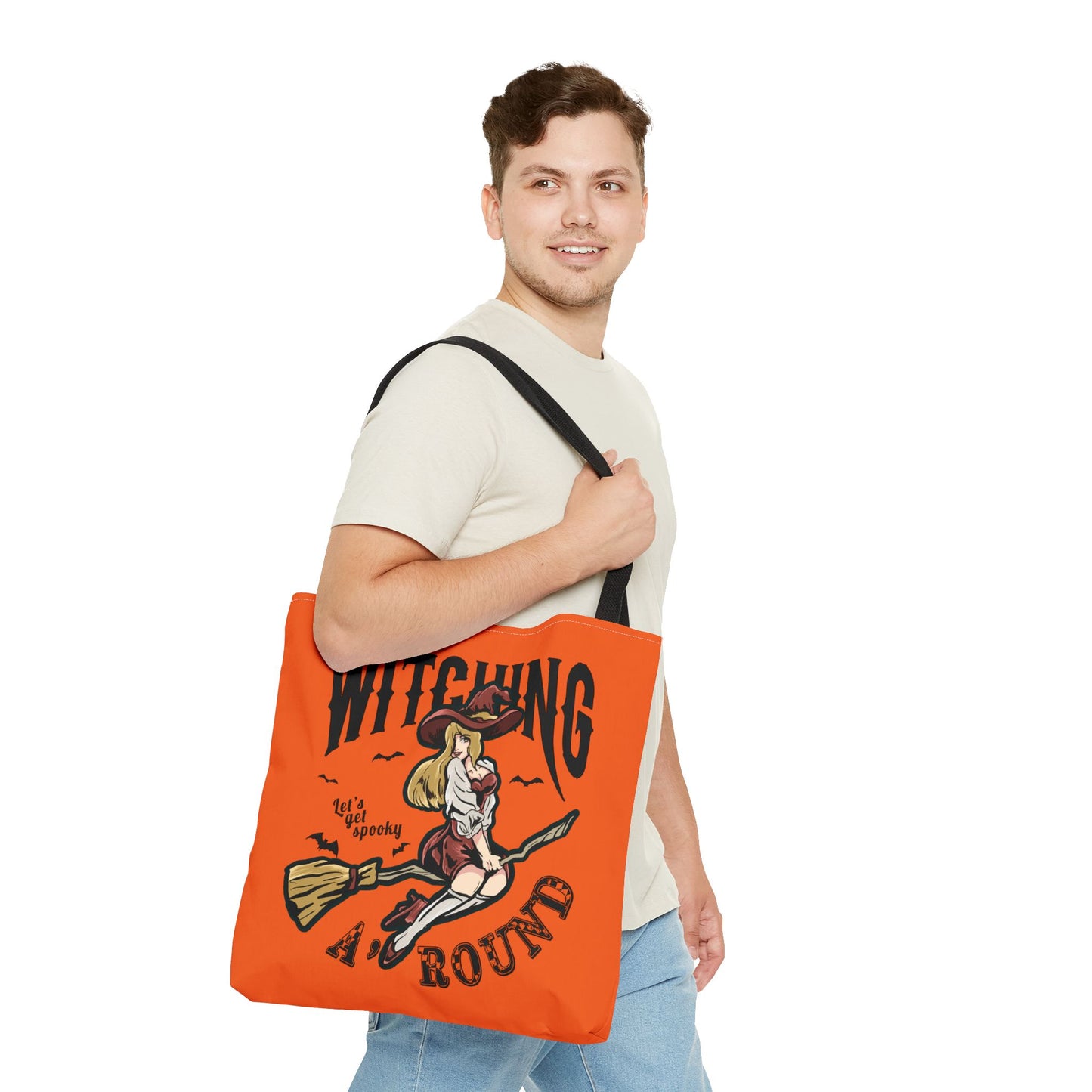 Witching A'Round Halloween Tote Bag | Orange Witch Design Tote