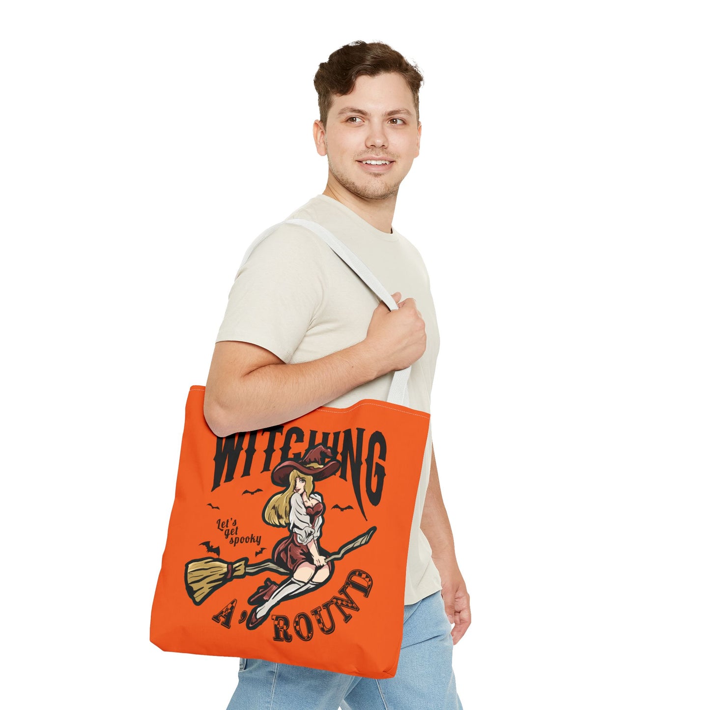 Witching A'Round Halloween Tote Bag | Orange Witch Design Tote