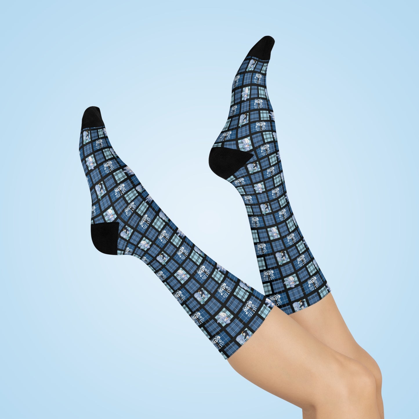 "Let It Snow" Blue Plaid & Snowman Pattern Cushioned Crew Socks