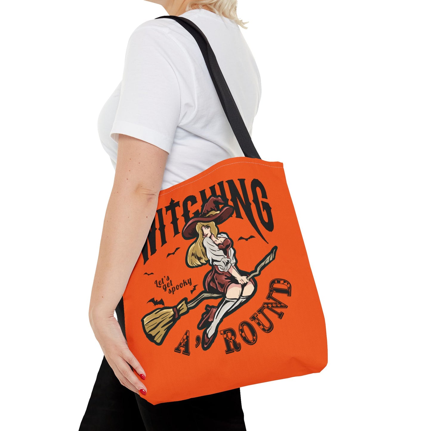 Witching A'Round Halloween Tote Bag | Orange Witch Design Tote