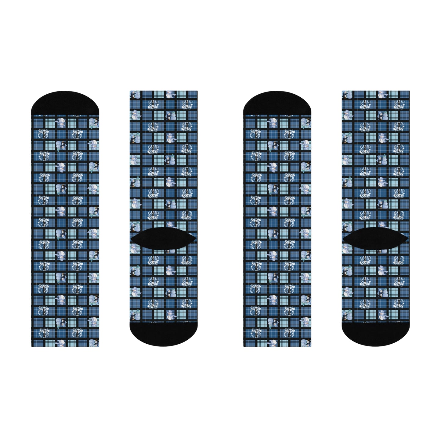 "Let It Snow" Blue Plaid & Snowman Pattern Cushioned Crew Socks