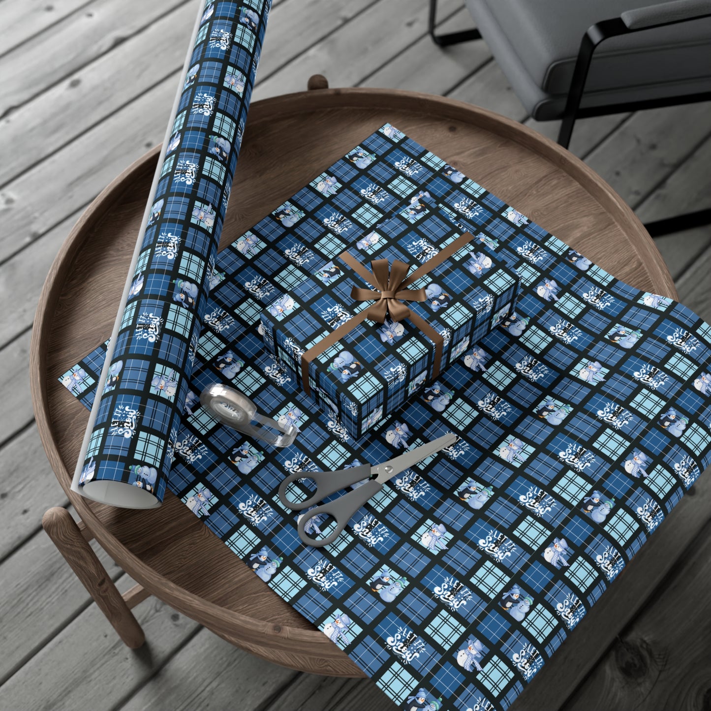 "Let It Snow" Blue Plaid & Snowman Holiday Wrapping Paper Roll