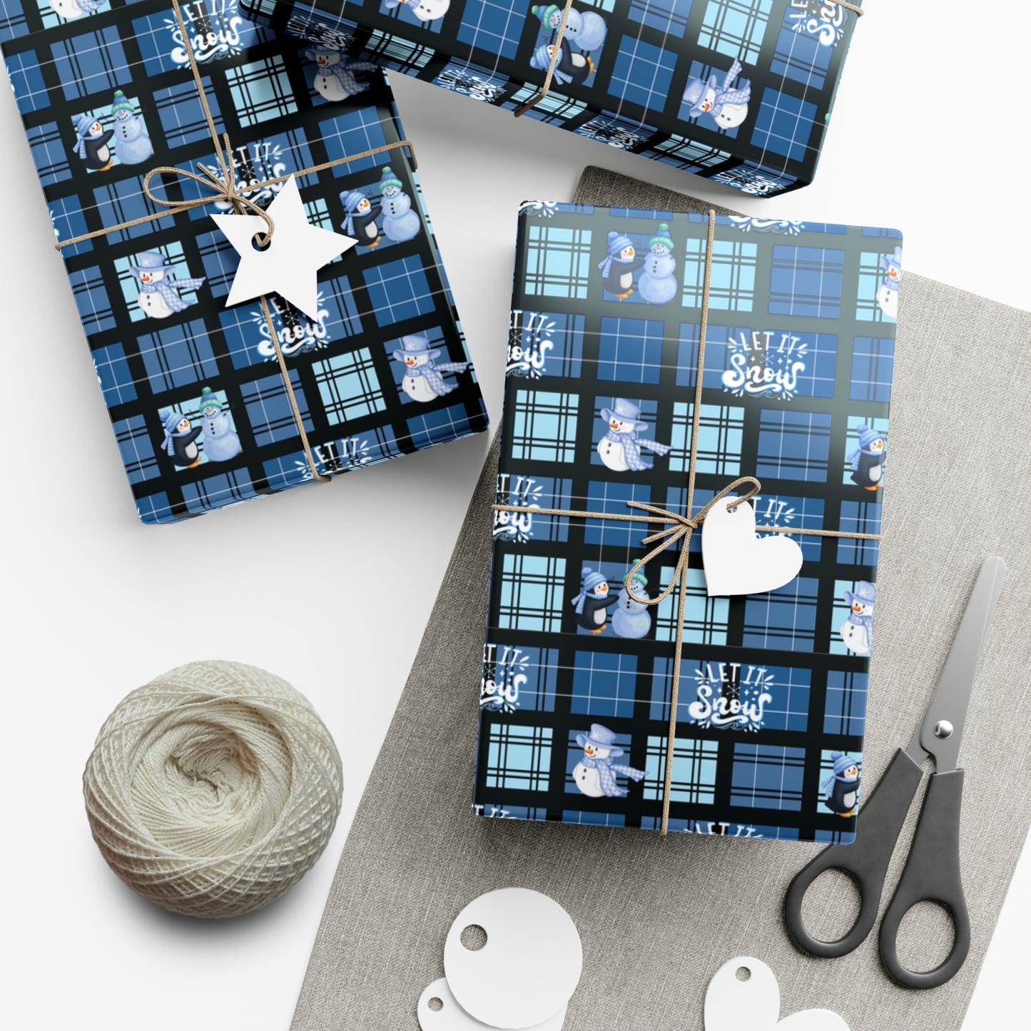 "Let It Snow" Blue Plaid & Snowman Holiday Wrapping Paper Roll