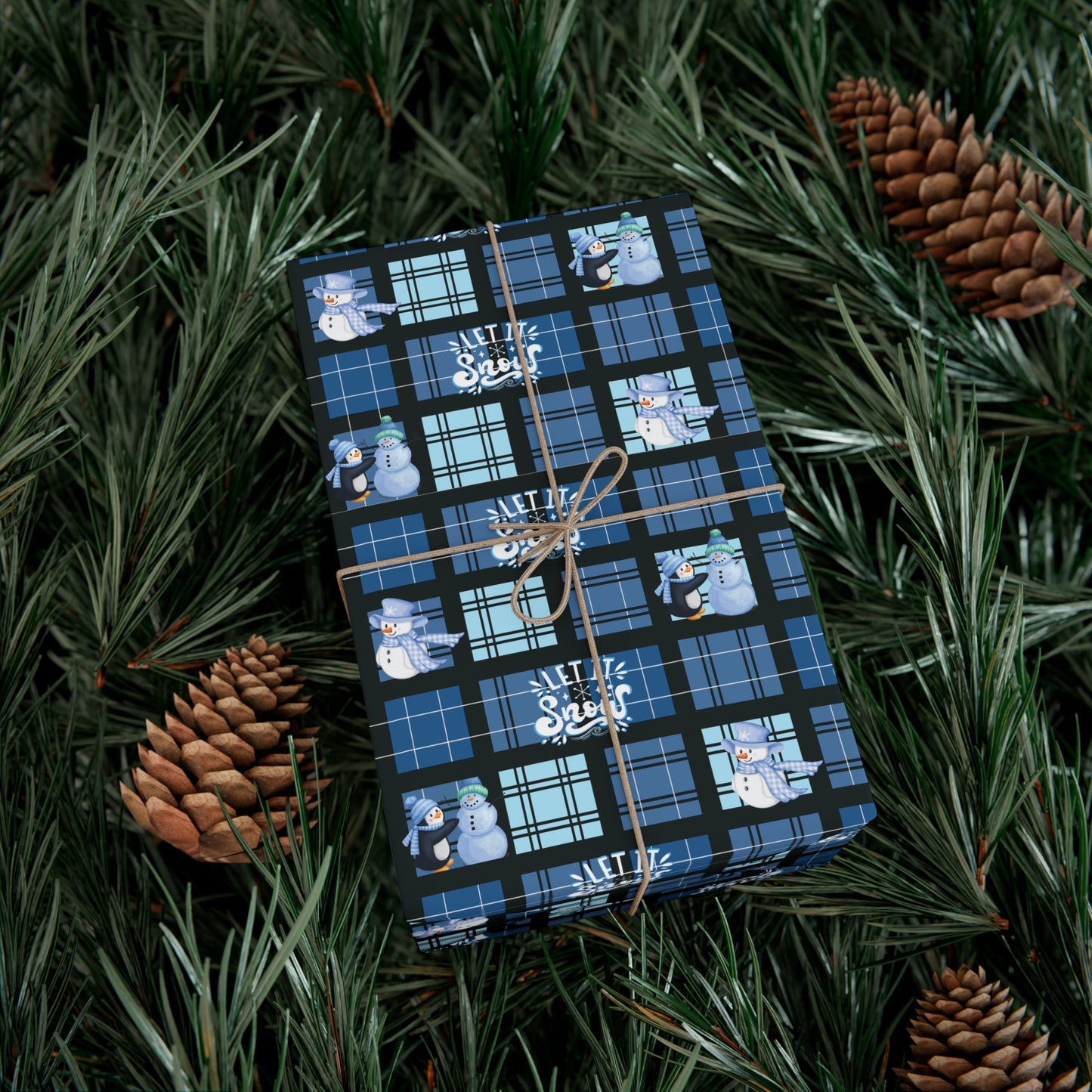"Let It Snow" Blue Plaid & Snowman Holiday Wrapping Paper Roll