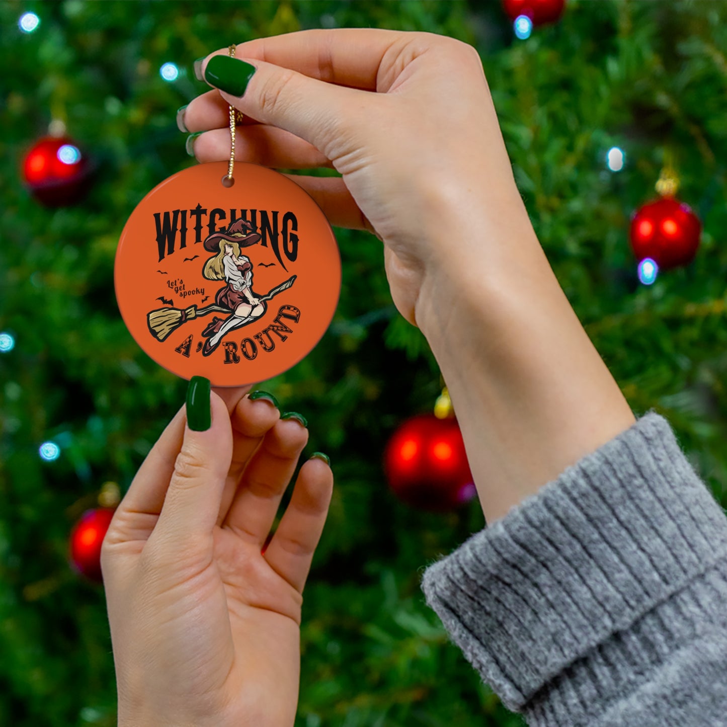 Witching A'Round Orange Ceramic Halloween Ornament | Spooky Witch Design