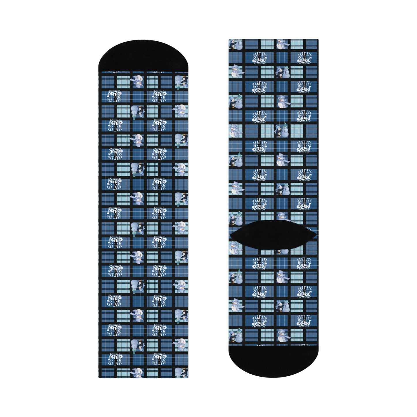 "Let It Snow" Blue Plaid & Snowman Pattern Cushioned Crew Socks