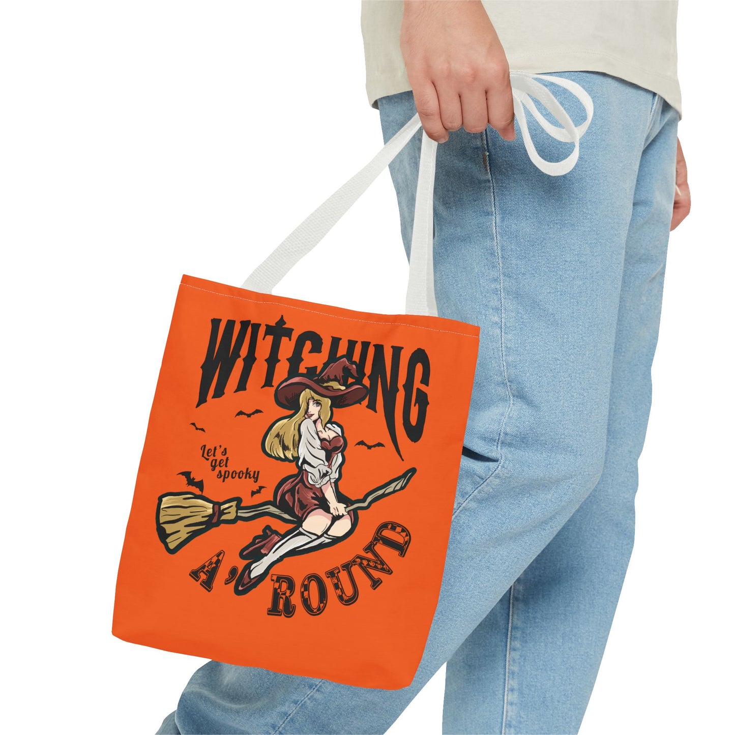 Witching A'Round Halloween Tote Bag | Orange Witch Design Tote