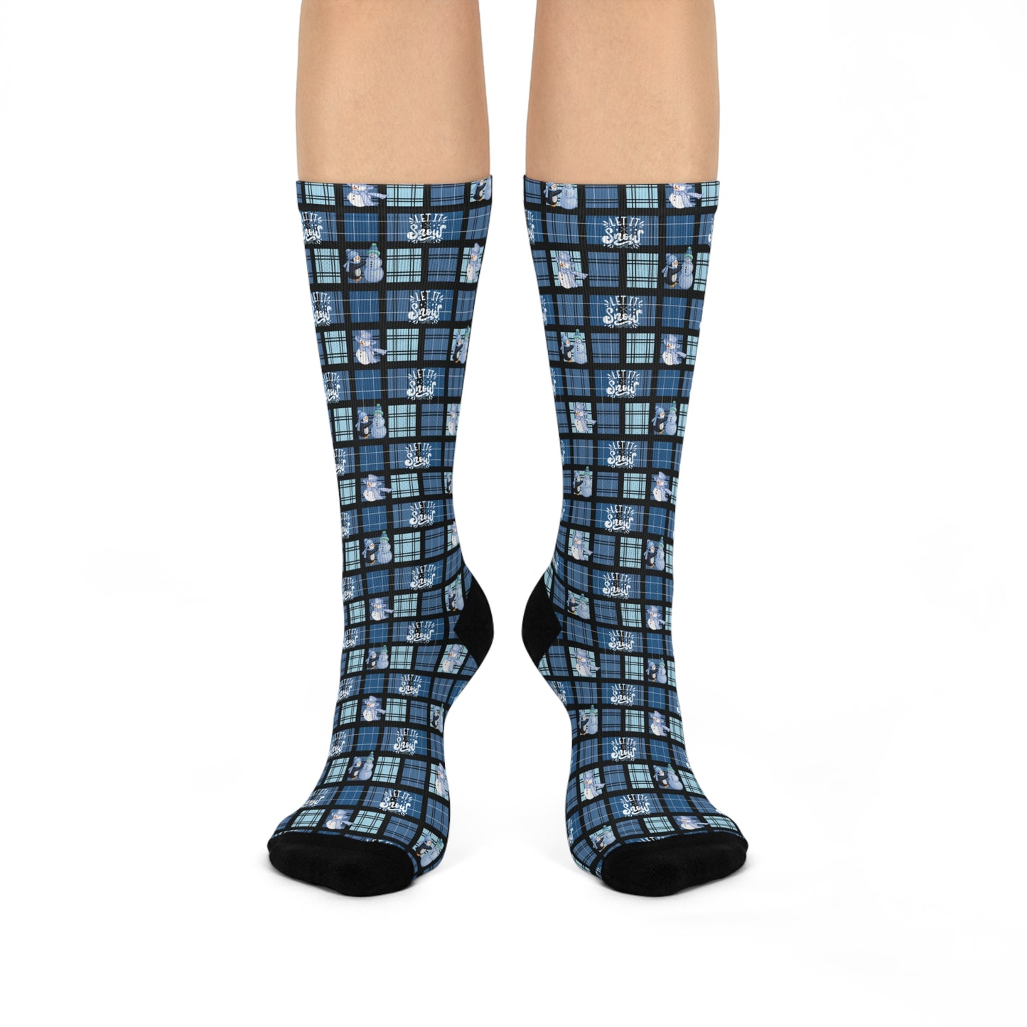 "Let It Snow" Blue Plaid & Snowman Pattern Cushioned Crew Socks