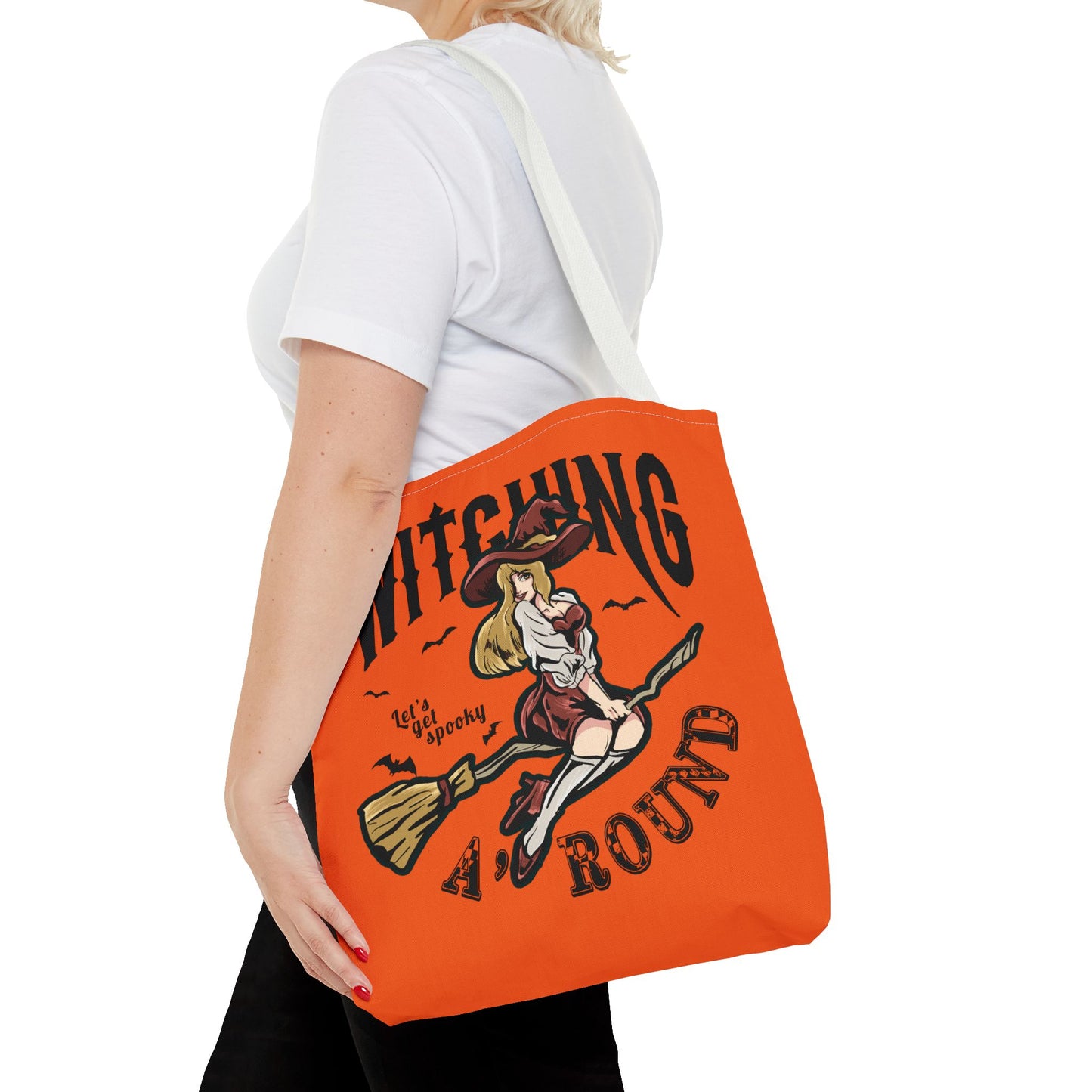 Witching A'Round Halloween Tote Bag | Orange Witch Design Tote