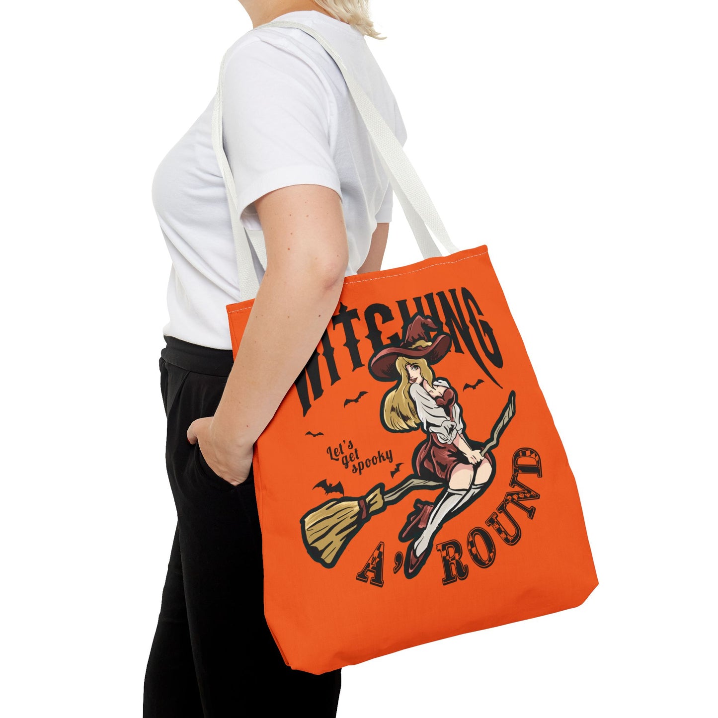 Witching A'Round Halloween Tote Bag | Orange Witch Design Tote