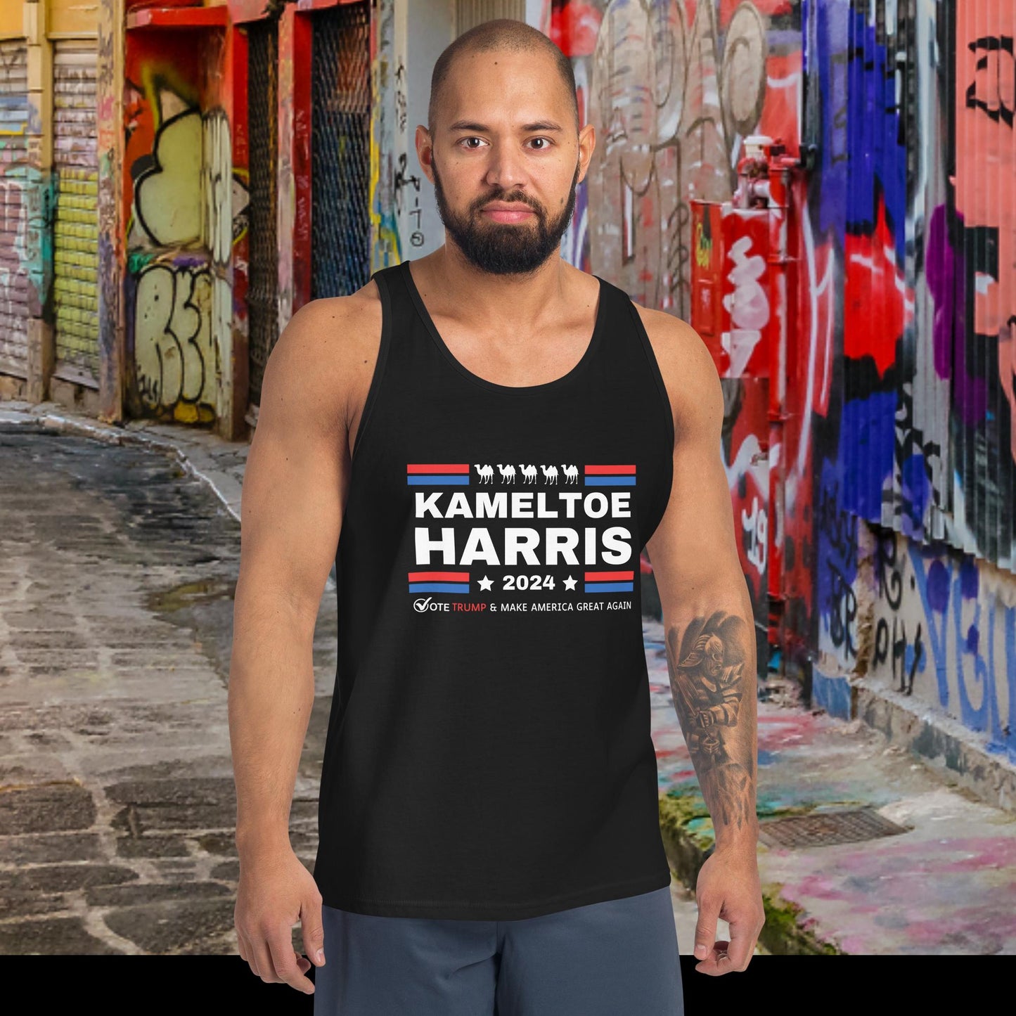Kameltoe Harris 2024 - Vote Trump - Bella+Canvas Unisex Dark Tank Top
