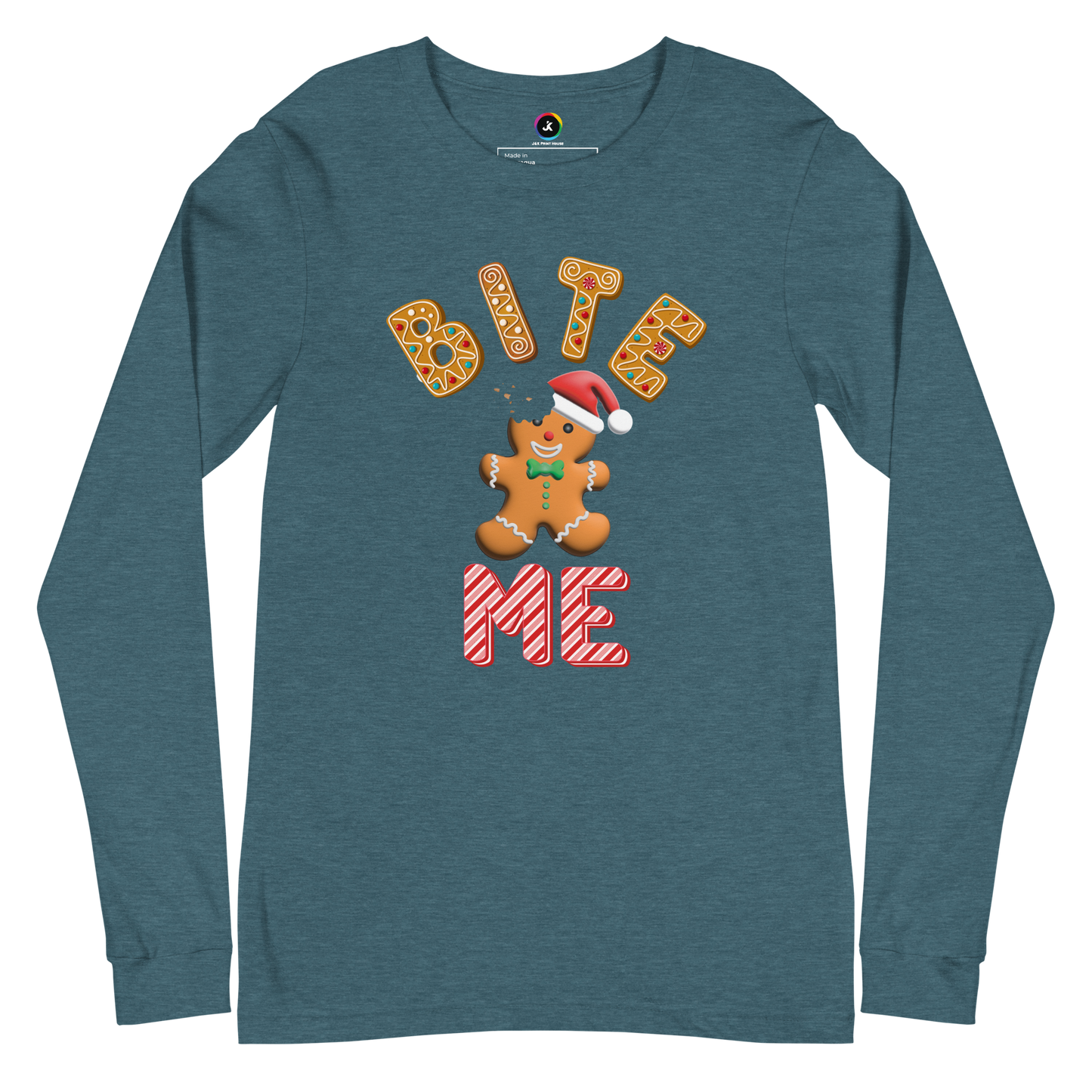 "Bite Me" Gingerbread Man Christmas Bella+Canvas Long Sleeve Shirt – Humorous Holiday Apparel