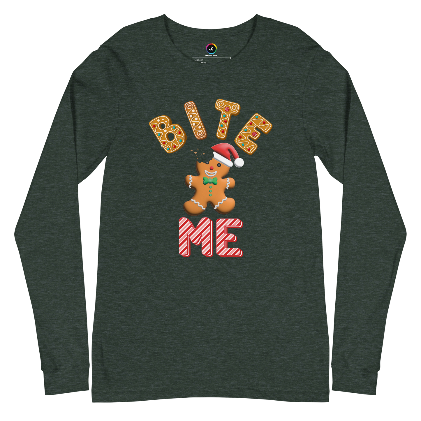 "Bite Me" Gingerbread Man Christmas Bella+Canvas Long Sleeve Shirt – Humorous Holiday Apparel