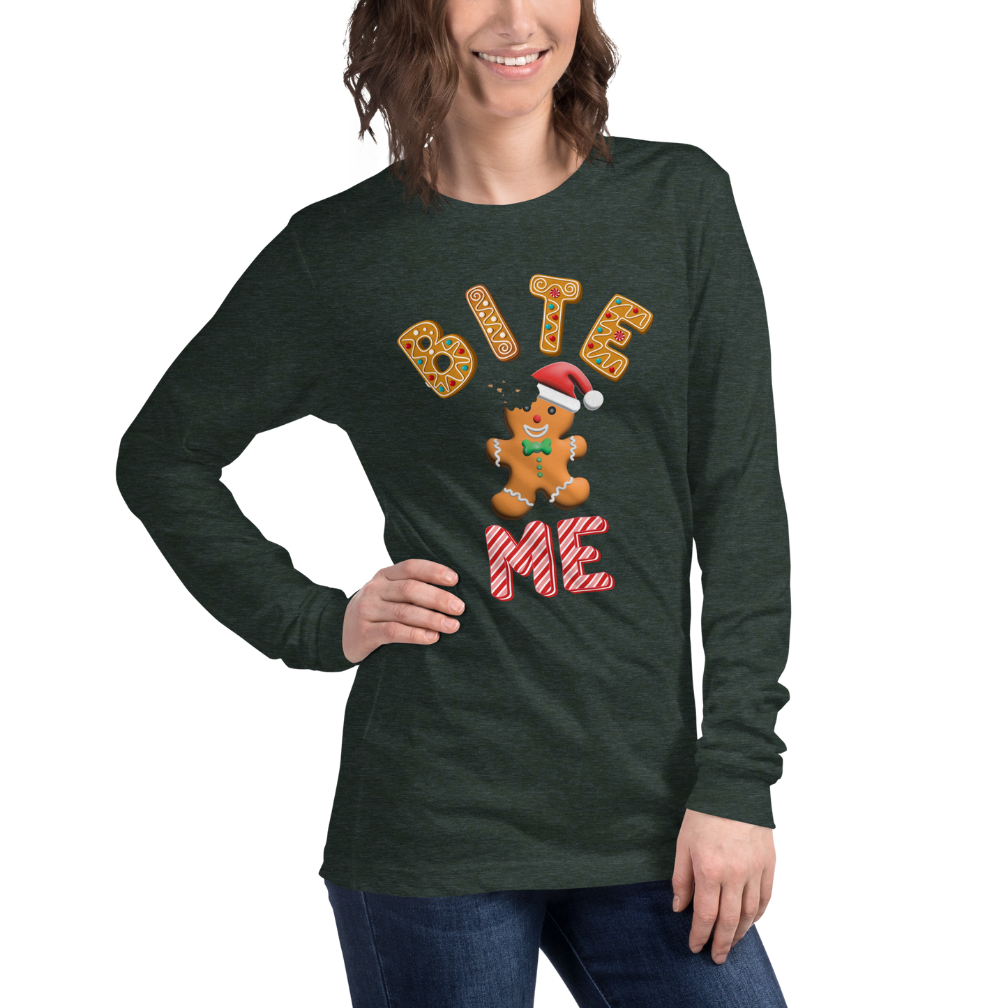 "Bite Me" Gingerbread Man Christmas Bella+Canvas Long Sleeve Shirt – Humorous Holiday Apparel