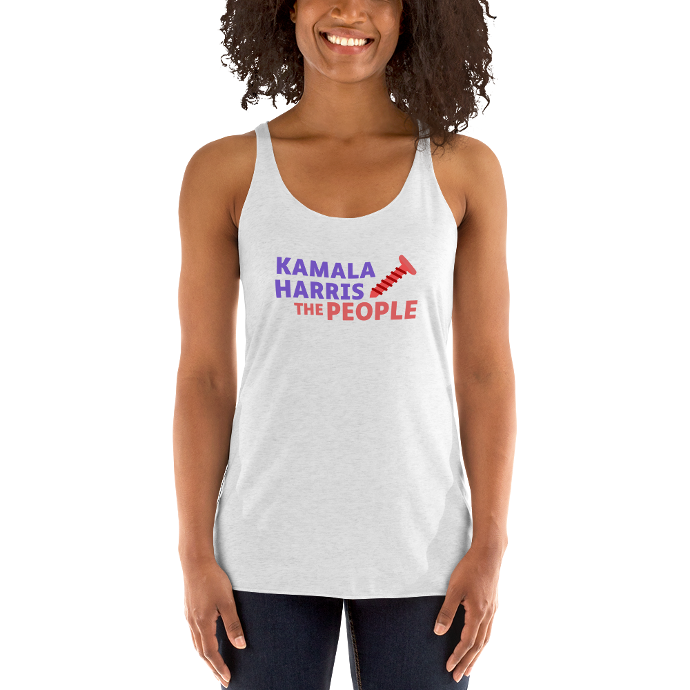 Kamala Harris "Screwing the People" White Next Level Racerback Tank