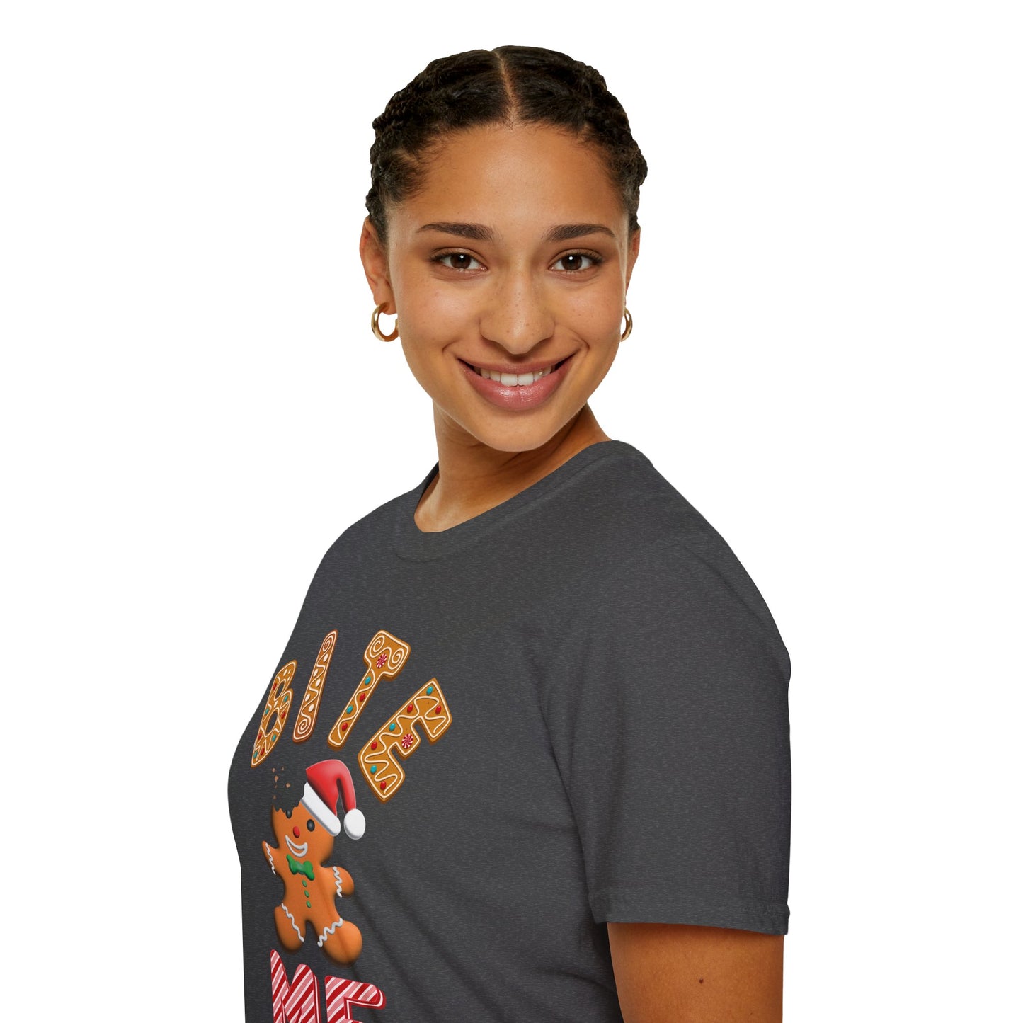 "Bite Me" Gingerbread Man Christmas Softstyle T-Shirt – Humorous Holiday Apparel