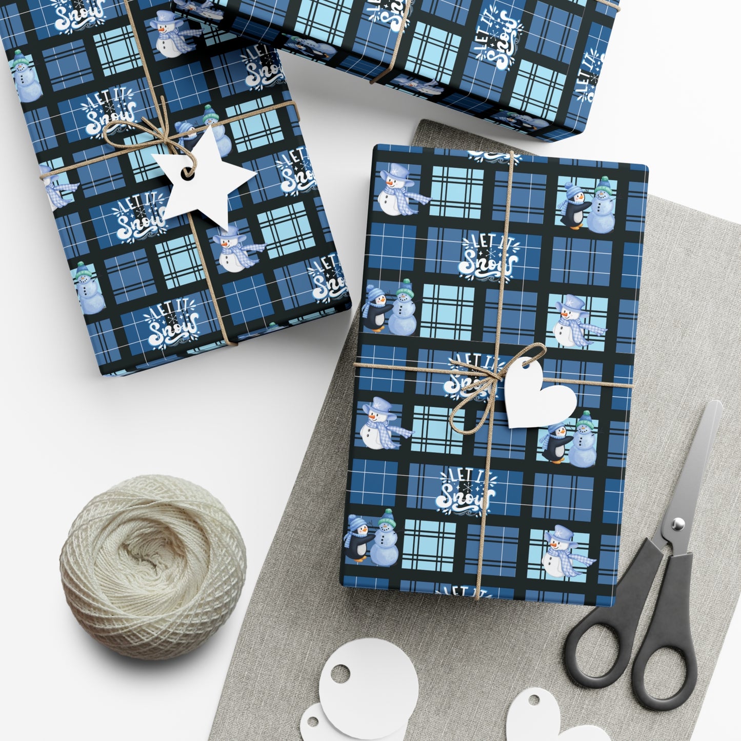 "Let It Snow"  Blue Plaid & Snowman Holiday Wrapping Paper Roll