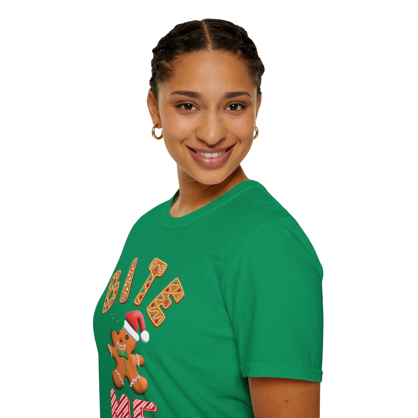 "Bite Me" Gingerbread Man Christmas Softstyle T-Shirt – Humorous Holiday Apparel