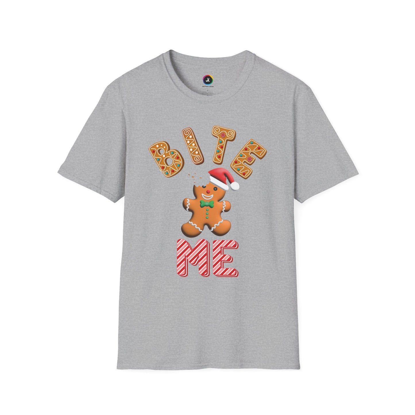 "Bite Me" Gingerbread Man Christmas Softstyle T-Shirt – Humorous Holiday Apparel