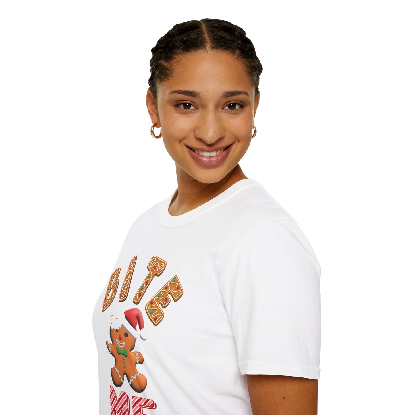 "Bite Me" Gingerbread Man Christmas Softstyle T-Shirt – Humorous Holiday Apparel