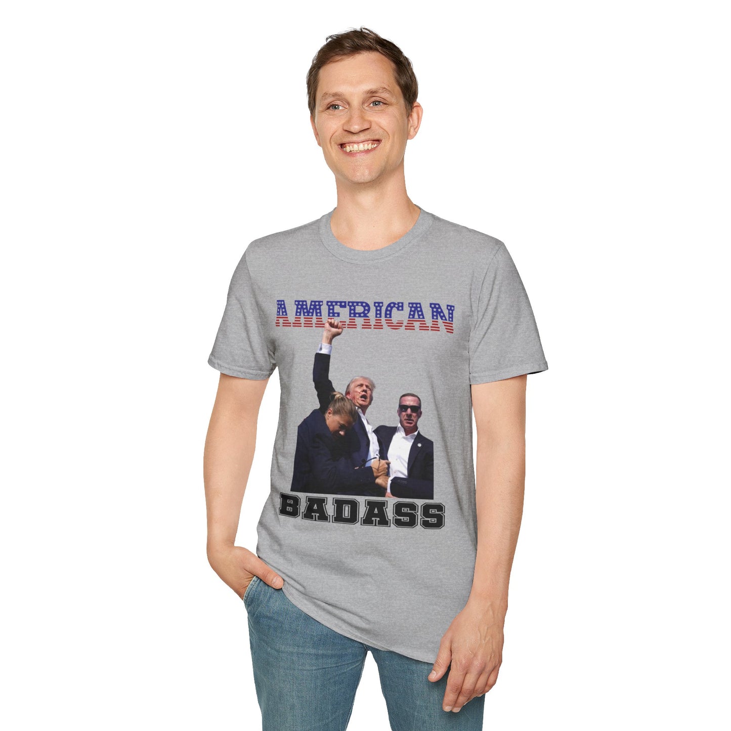 American Badass Pro-Trump Softstyle T-Shirt – Tribute to Trump's Resilience