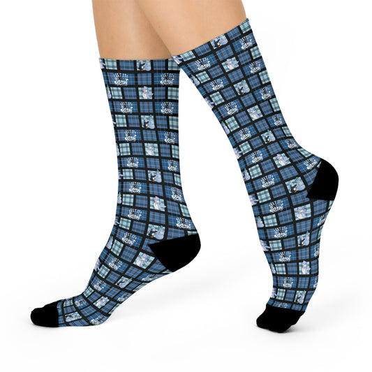 "Let It Snow" Blue Plaid & Snowman Pattern Cushioned Crew Socks