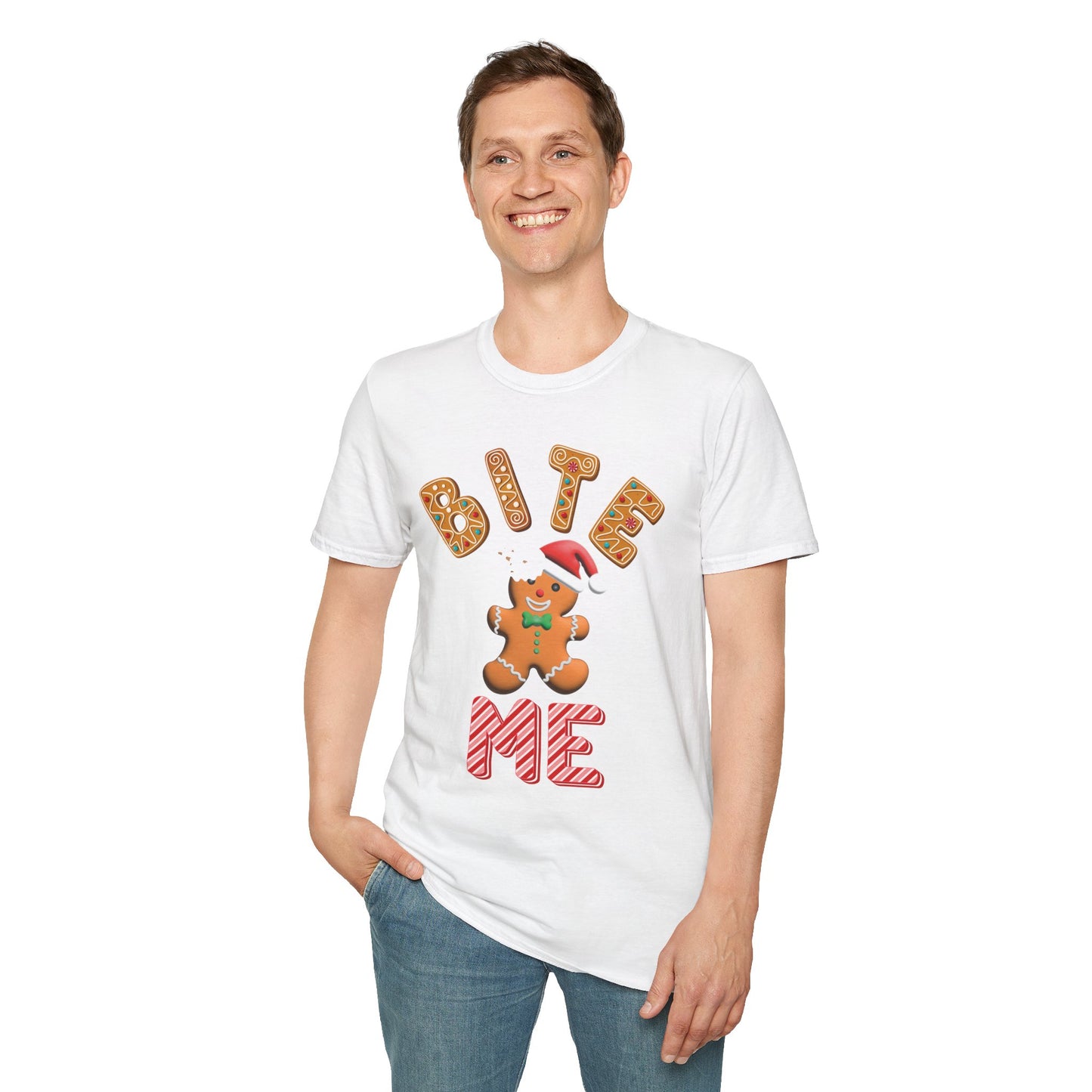 "Bite Me" Gingerbread Man Christmas Softstyle T-Shirt – Humorous Holiday Apparel