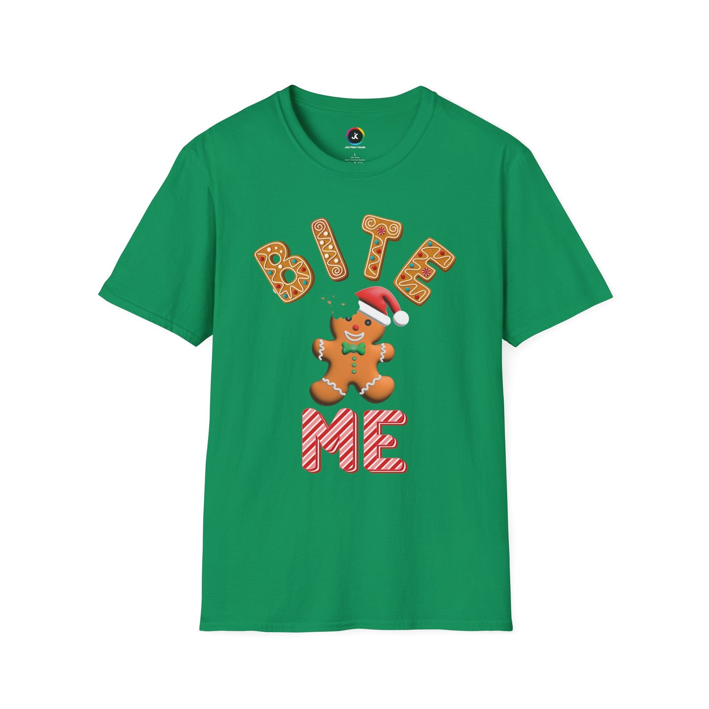 "Bite Me" Gingerbread Man Christmas Softstyle T-Shirt – Humorous Holiday Apparel