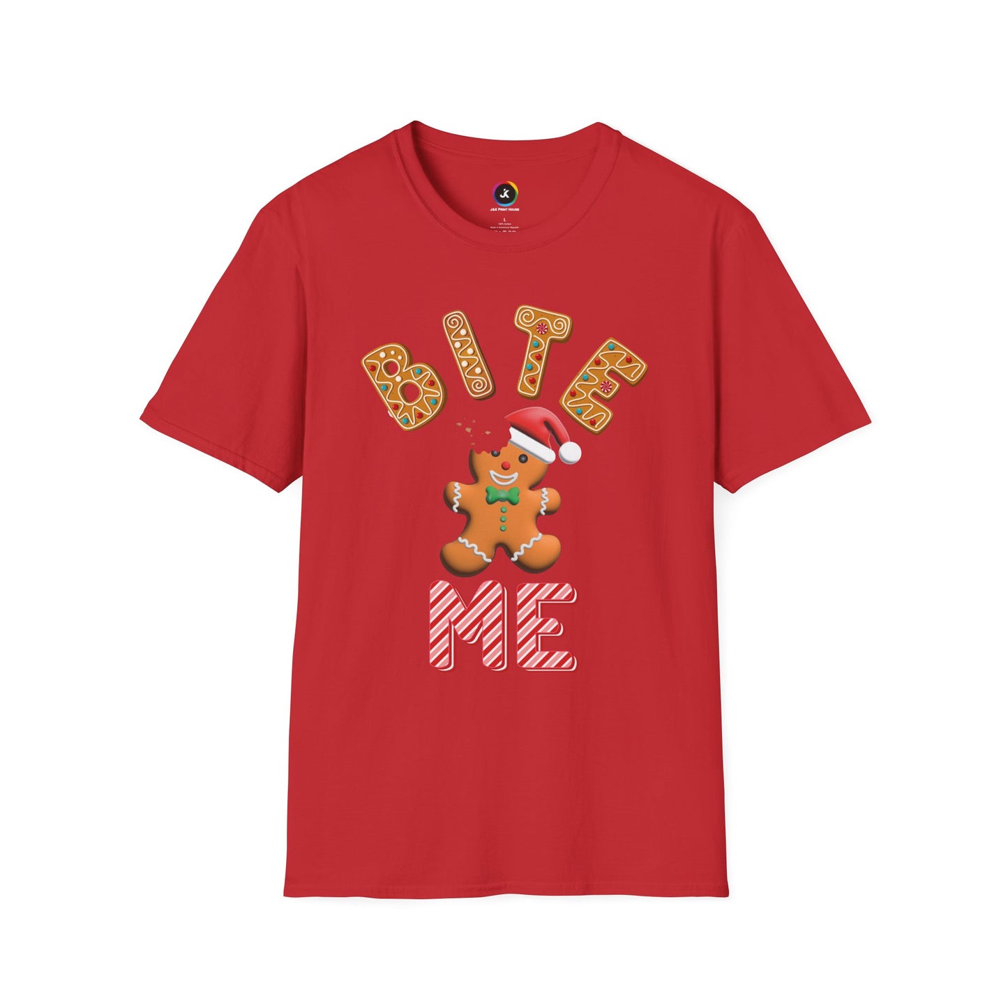 "Bite Me" Gingerbread Man Christmas Softstyle T-Shirt – Humorous Holiday Apparel