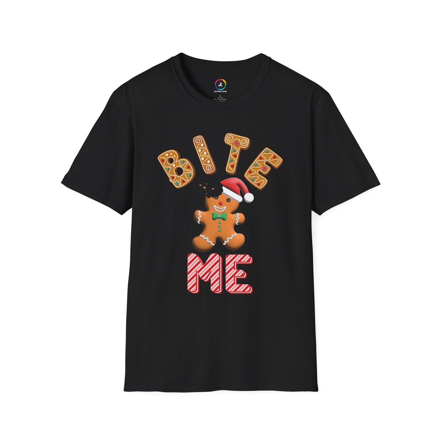 "Bite Me" Gingerbread Man Christmas Softstyle T-Shirt – Humorous Holiday Apparel