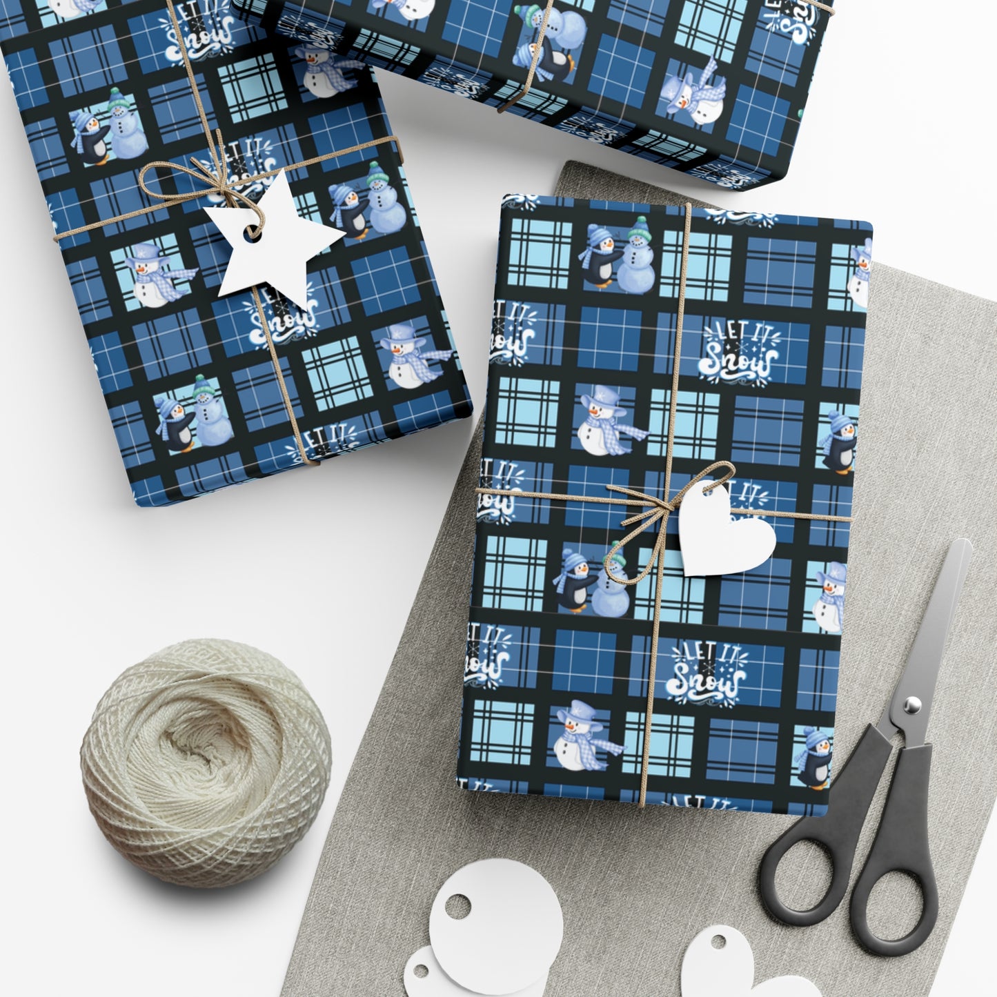 "Let It Snow"  Blue Plaid & Snowman Holiday Wrapping Paper Roll