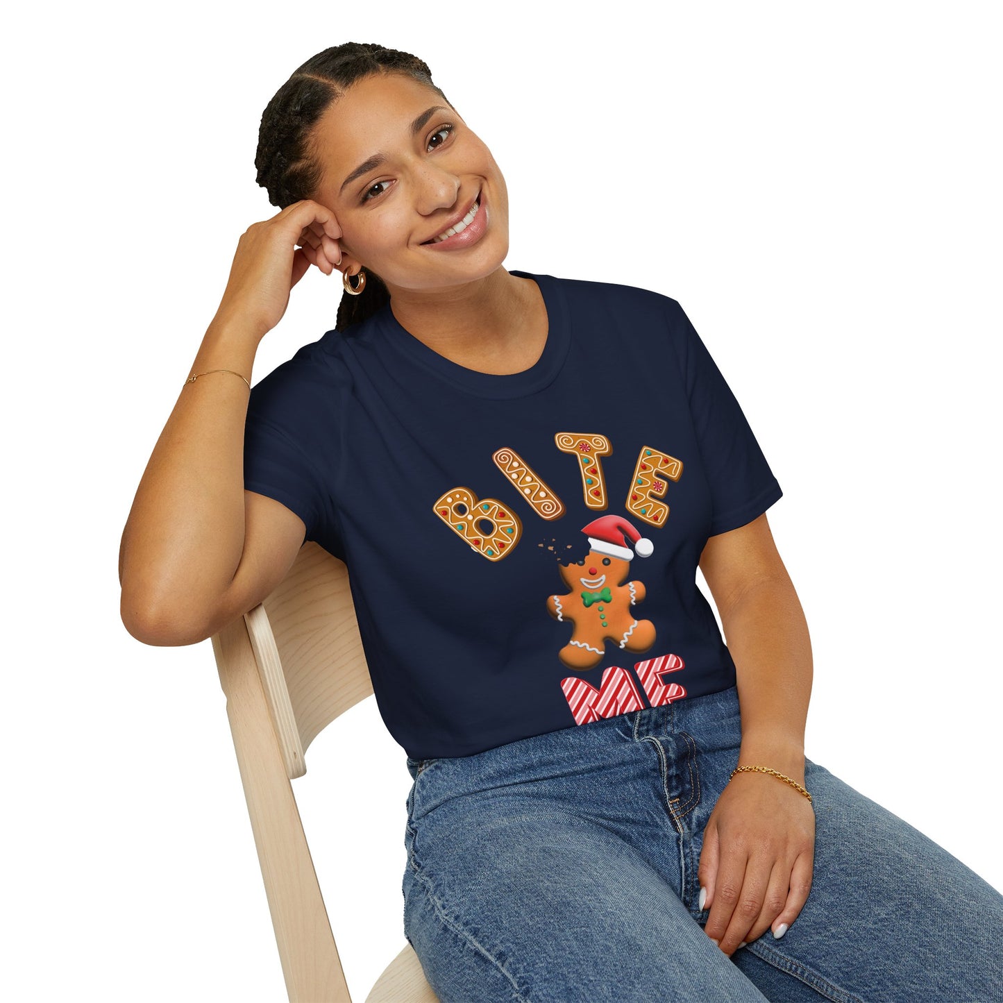 "Bite Me" Gingerbread Man Christmas Softstyle T-Shirt – Humorous Holiday Apparel
