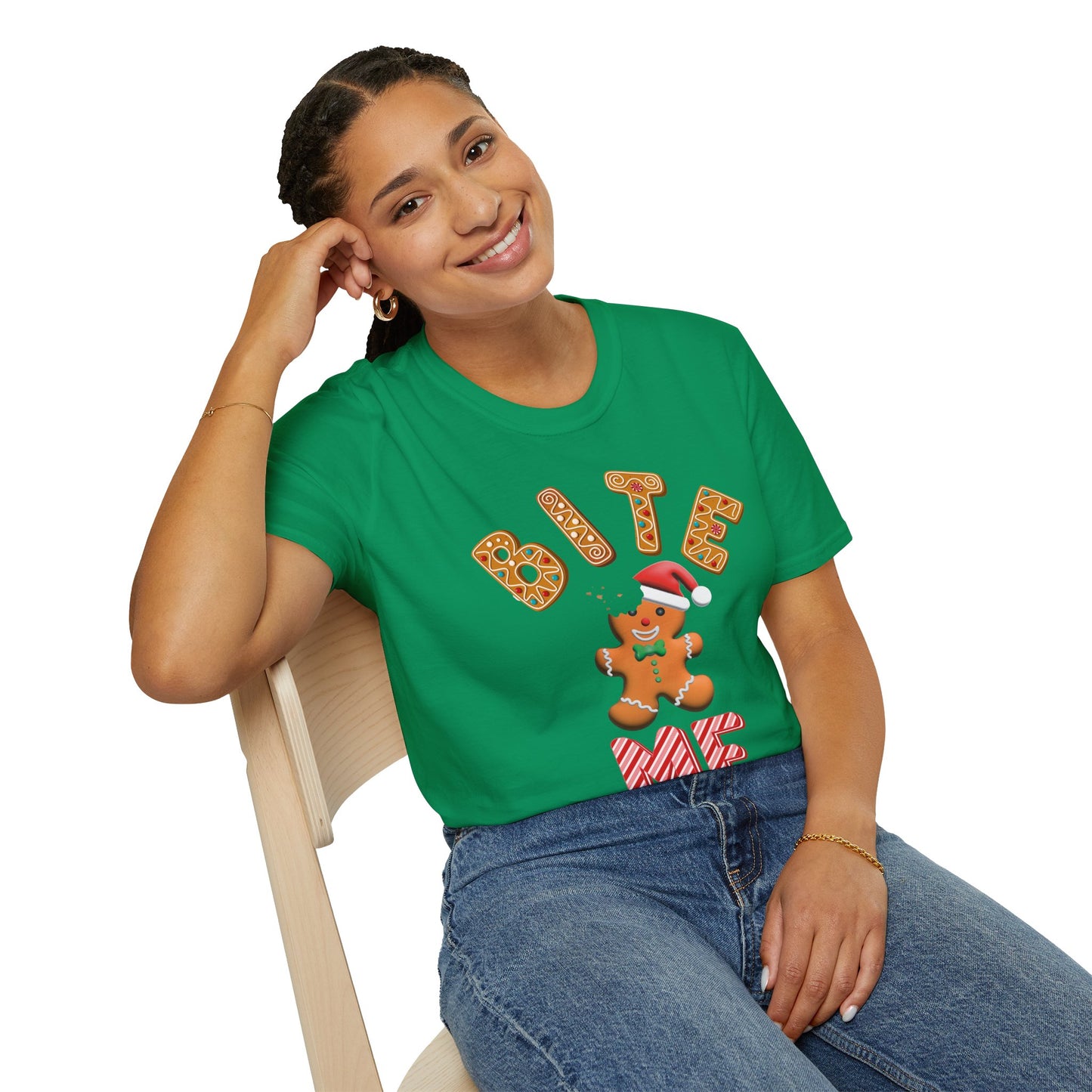 "Bite Me" Gingerbread Man Christmas Softstyle T-Shirt – Humorous Holiday Apparel