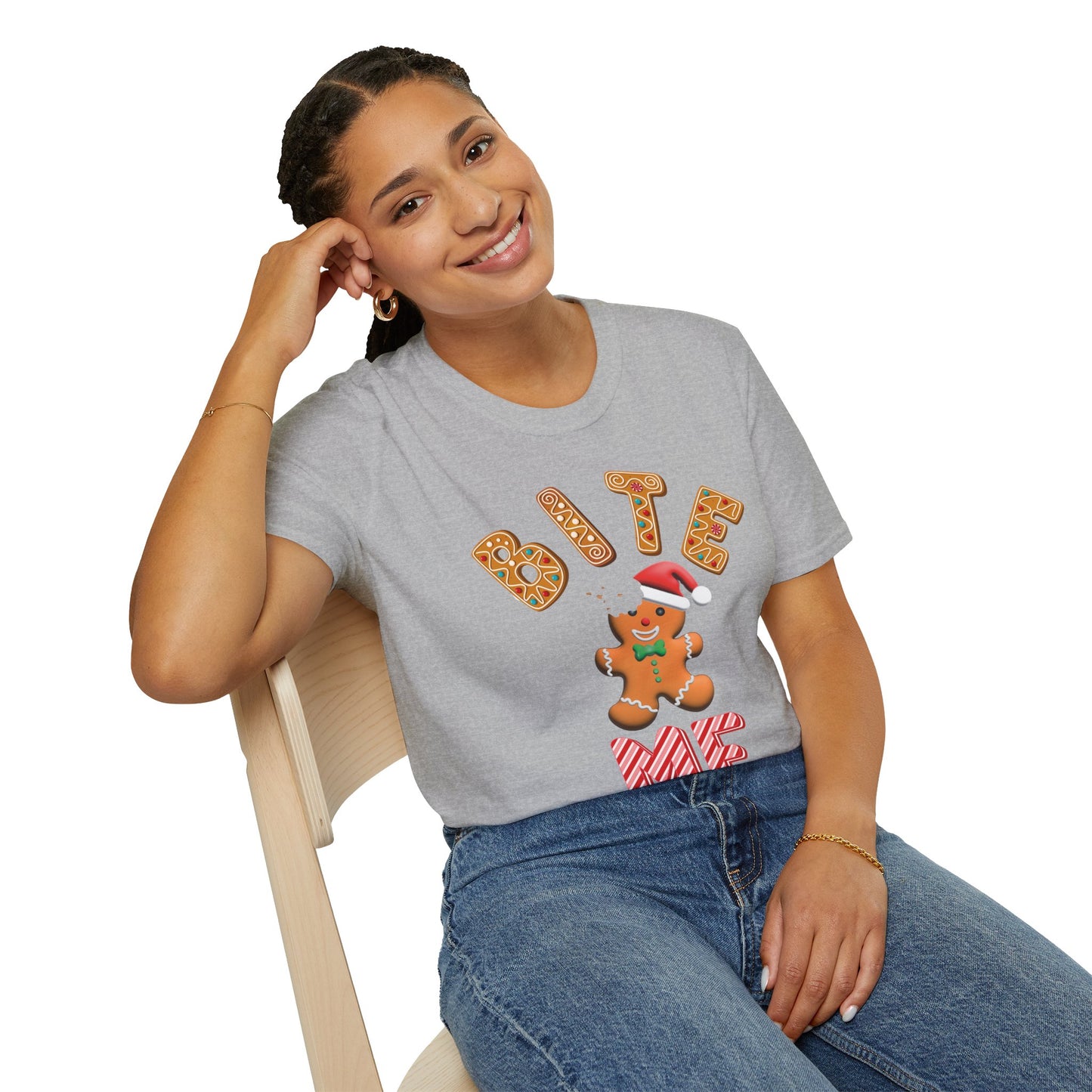 "Bite Me" Gingerbread Man Christmas Softstyle T-Shirt – Humorous Holiday Apparel