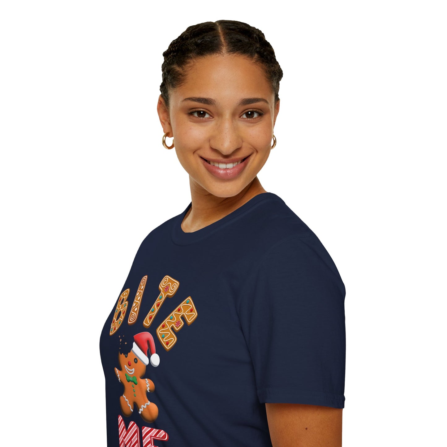 "Bite Me" Gingerbread Man Christmas Softstyle T-Shirt – Humorous Holiday Apparel