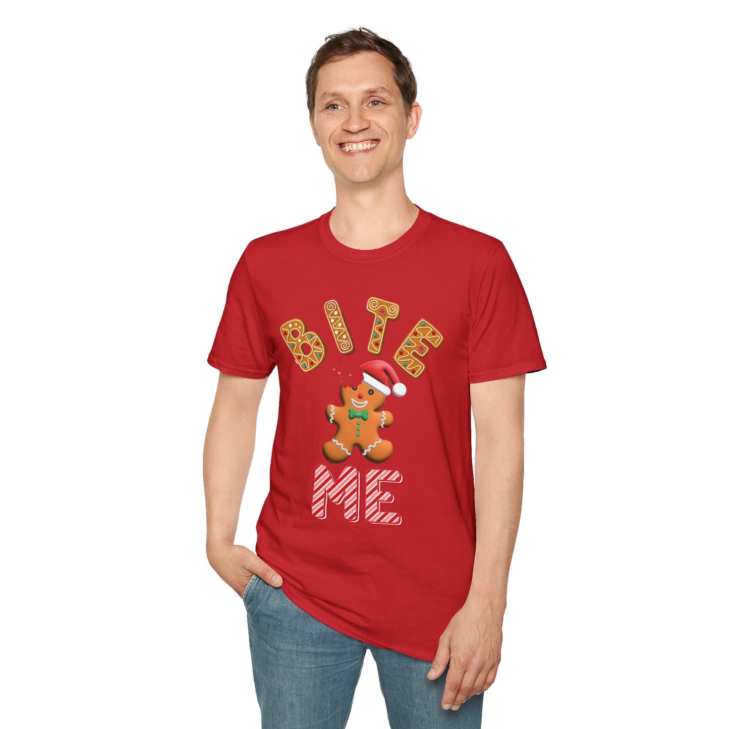 "Bite Me" Gingerbread Man Christmas Softstyle T-Shirt – Humorous Holiday Apparel