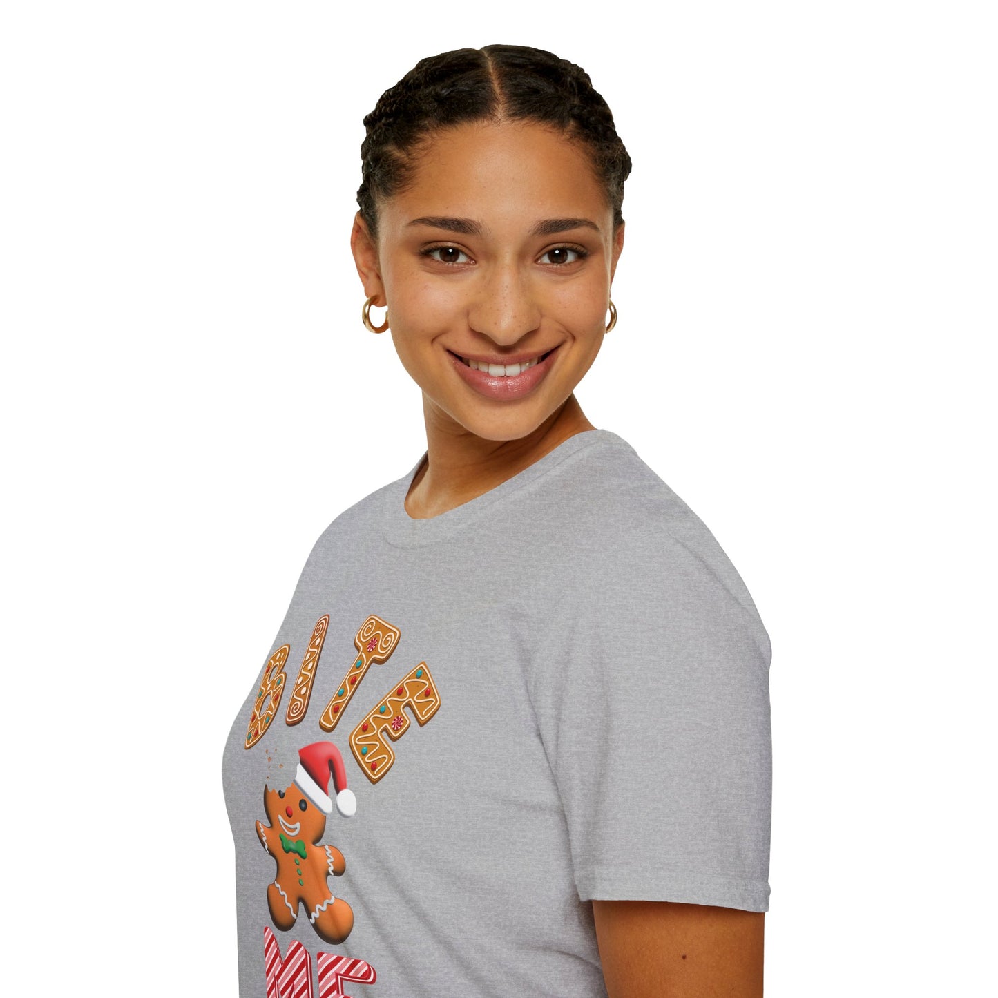 "Bite Me" Gingerbread Man Christmas Softstyle T-Shirt – Humorous Holiday Apparel