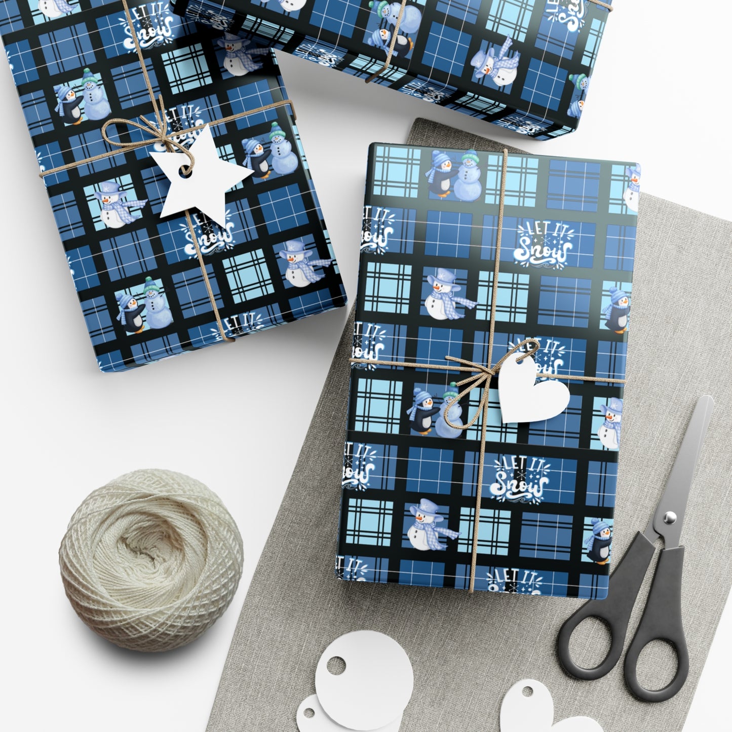 "Let It Snow"  Blue Plaid & Snowman Holiday Wrapping Paper Roll
