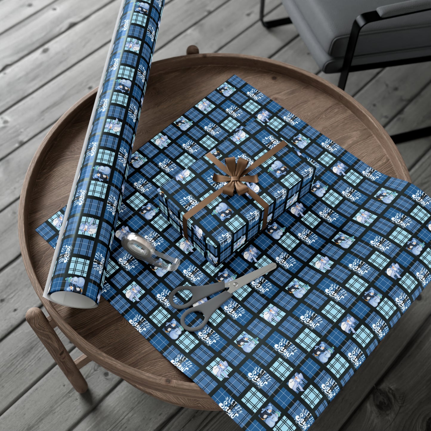 "Let It Snow"  Blue Plaid & Snowman Holiday Wrapping Paper Roll