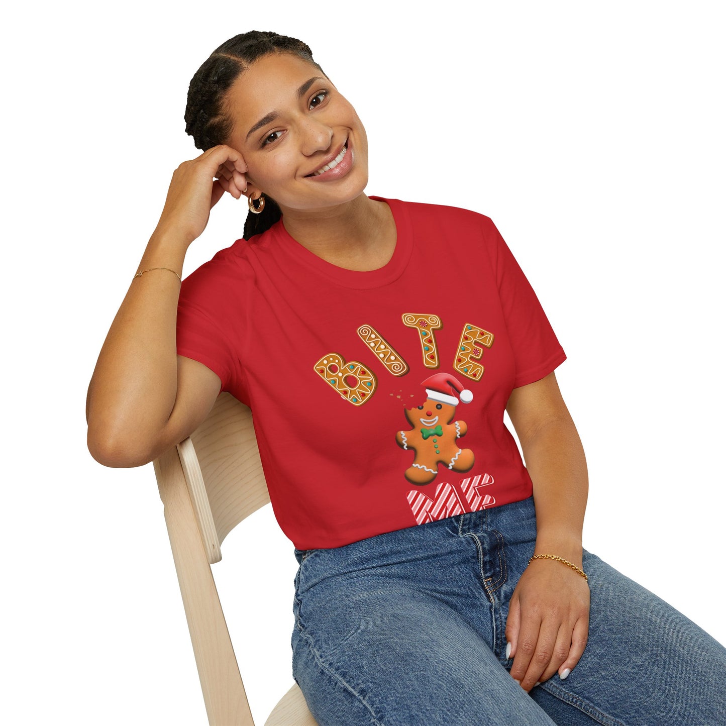 "Bite Me" Gingerbread Man Christmas Softstyle T-Shirt – Humorous Holiday Apparel