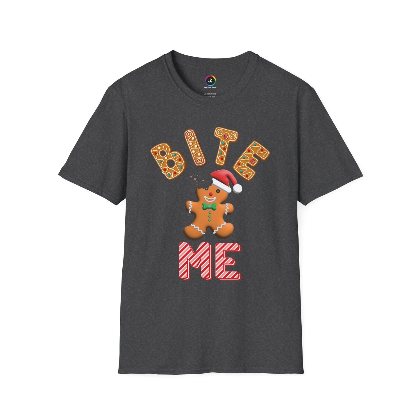 "Bite Me" Gingerbread Man Christmas Softstyle T-Shirt – Humorous Holiday Apparel