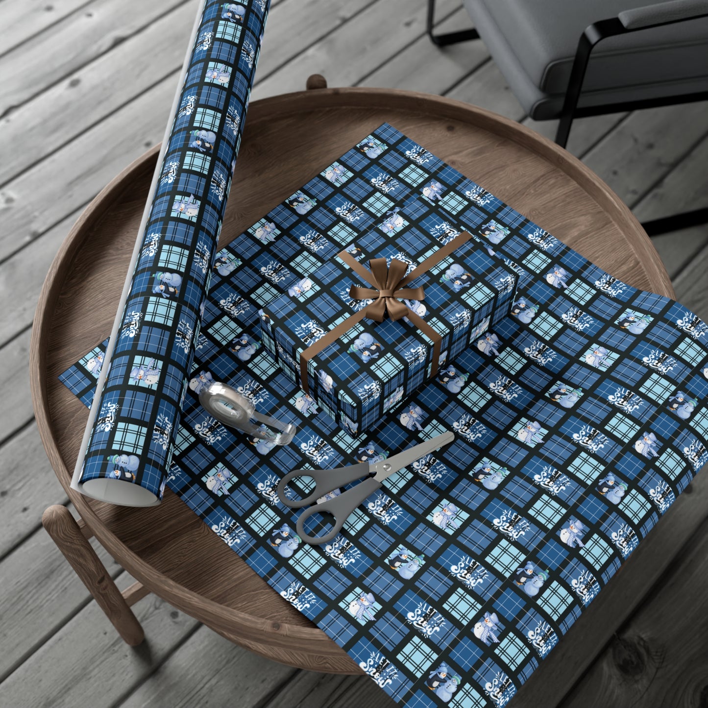 "Let It Snow"  Blue Plaid & Snowman Holiday Wrapping Paper Roll