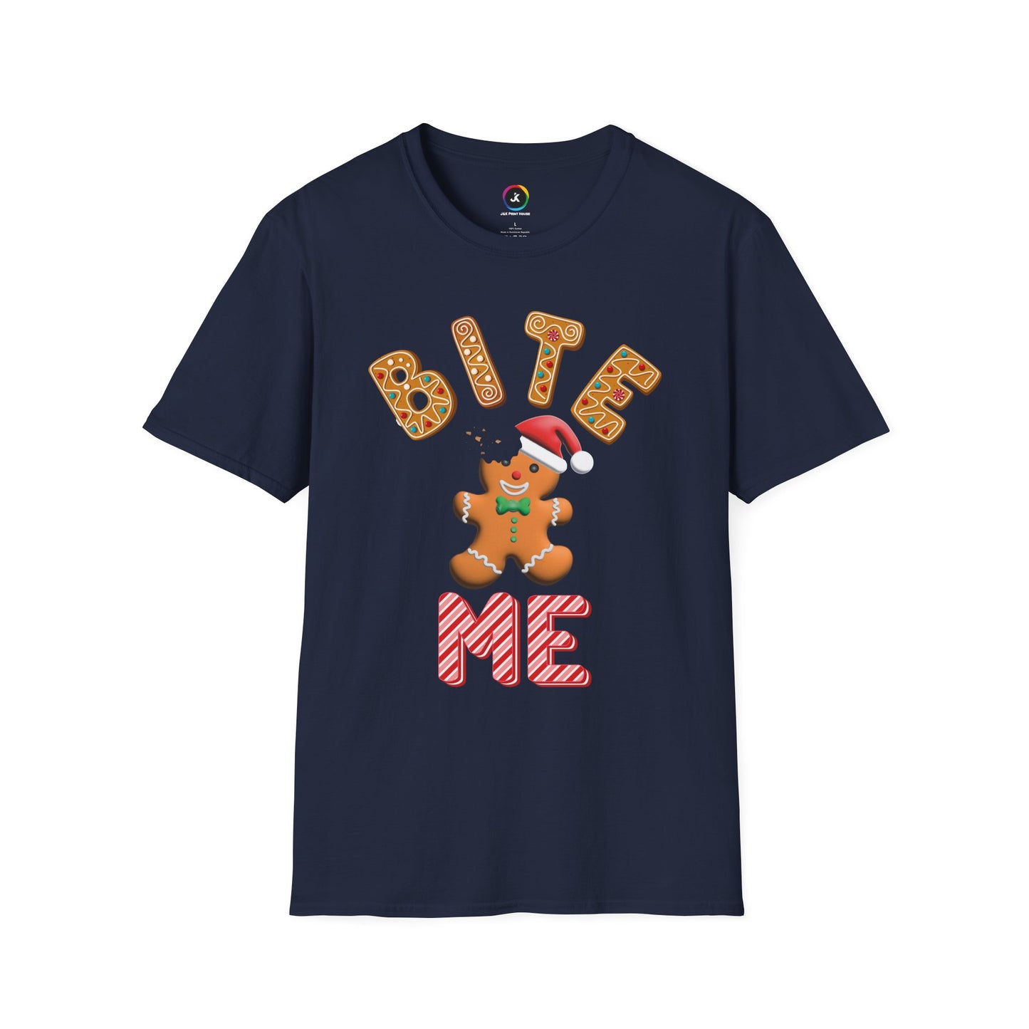 "Bite Me" Gingerbread Man Christmas Softstyle T-Shirt – Humorous Holiday Apparel