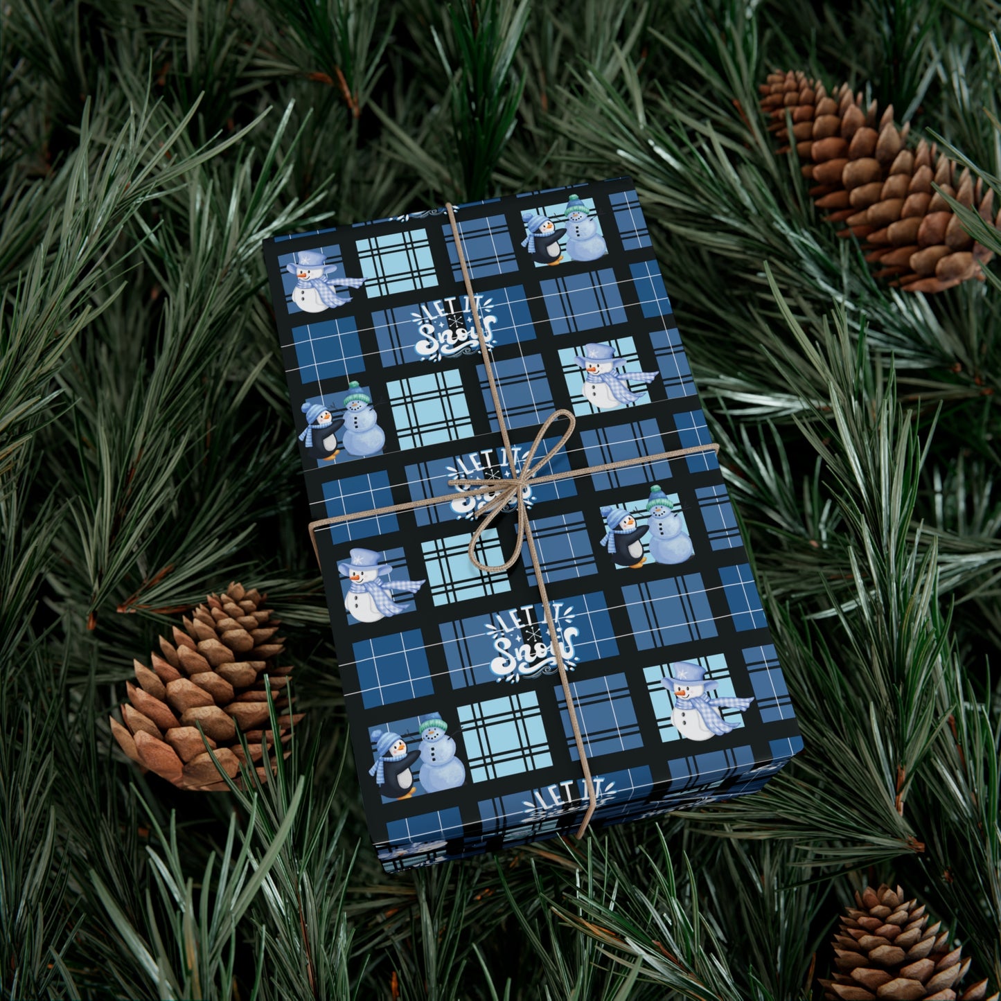 "Let It Snow"  Blue Plaid & Snowman Holiday Wrapping Paper Roll