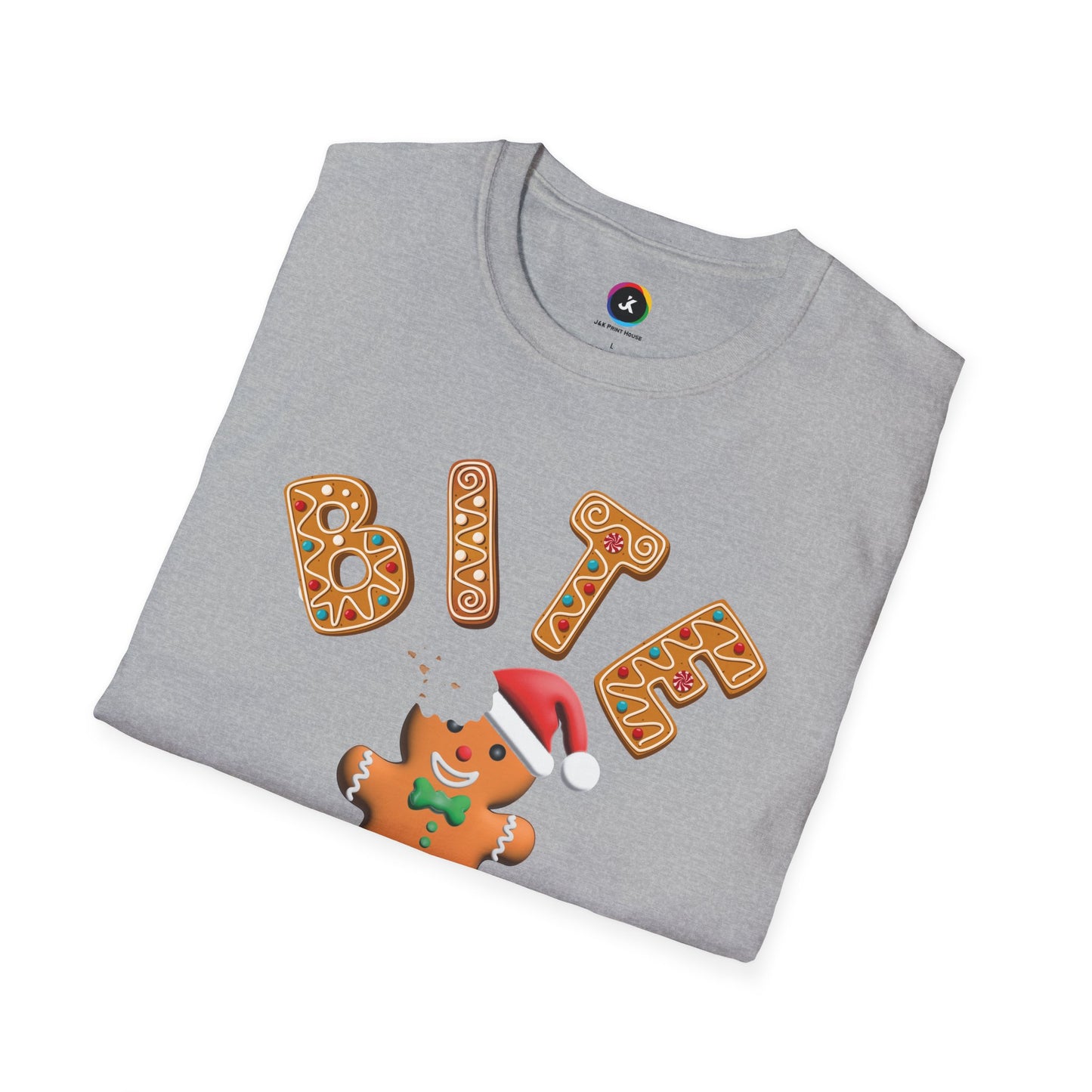 "Bite Me" Gingerbread Man Christmas Softstyle T-Shirt – Humorous Holiday Apparel