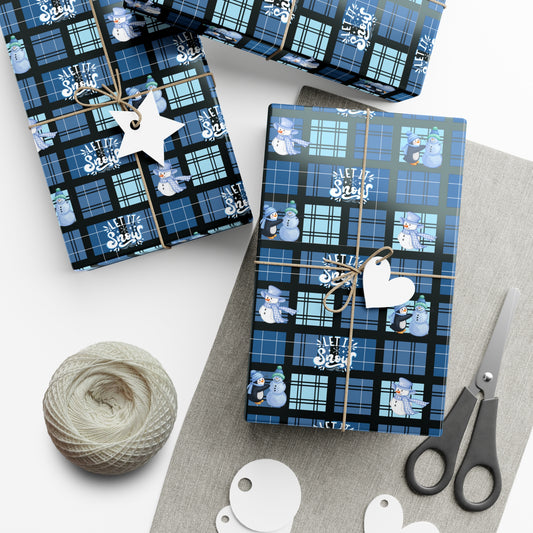 "Let It Snow"  Blue Plaid & Snowman Holiday Wrapping Paper Roll