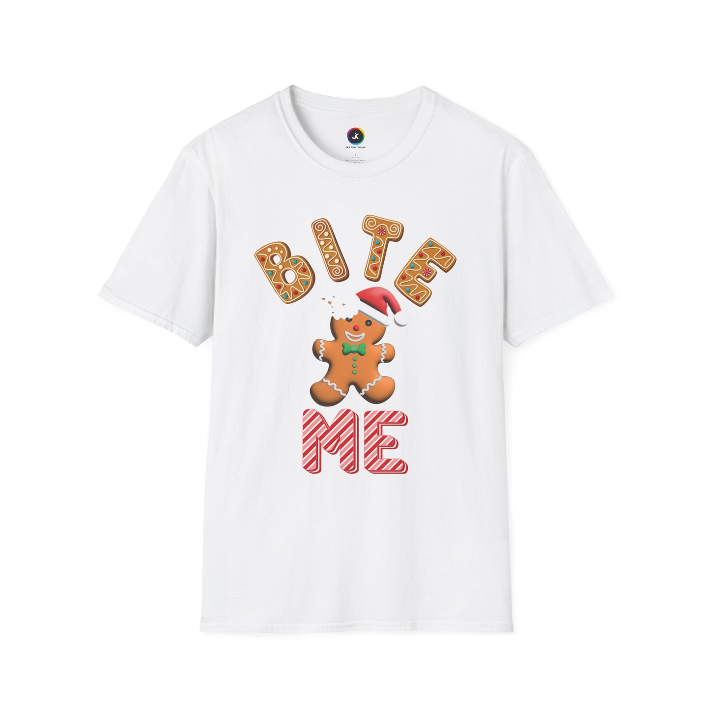"Bite Me" Gingerbread Man Christmas Softstyle T-Shirt – Humorous Holiday Apparel