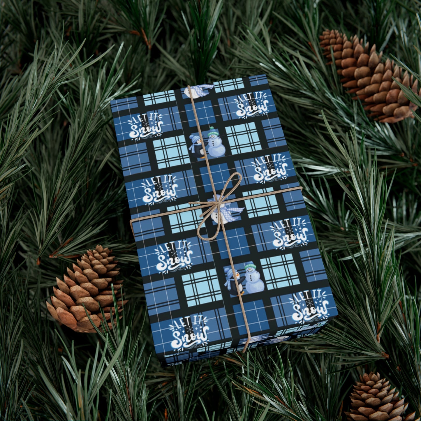 "Let It Snow"  Blue Plaid & Snowman Holiday Wrapping Paper Roll